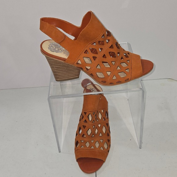 Vince Camuto Shoes - Vince Camuto VC-Deverly Leather Laser Cut Block Heel Sandals Orange Tan Size 10M